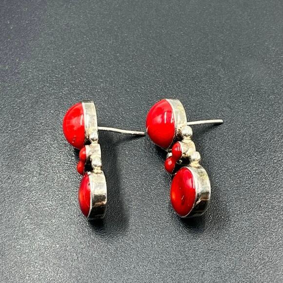 Vintage 950 Mexican Sterling Silver Red Coral Drop Post Earrings Taxco Style - Picture 5 of 11